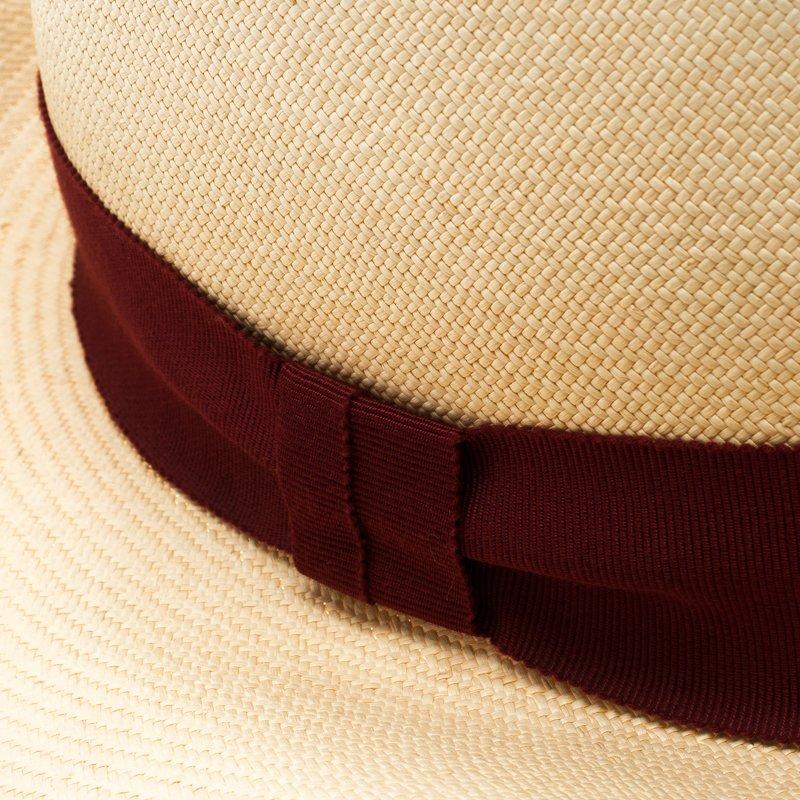 Hermes Beige Basket Weave Maroon Ribbon Detail Panama Hat Size 58 1