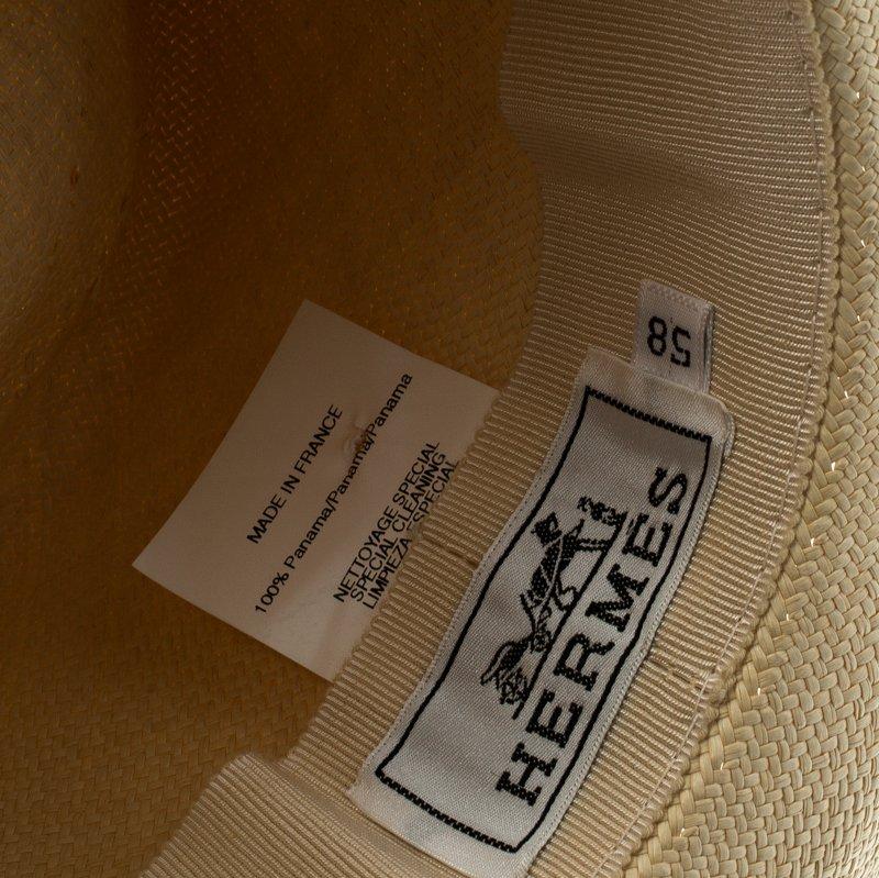 Hermes Beige Basket Weave Maroon Ribbon Detail Panama Hat Size 58 2