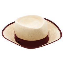 Hermes Beige Basket Weave Maroon Ribbon Detail Panama Hat Size 58