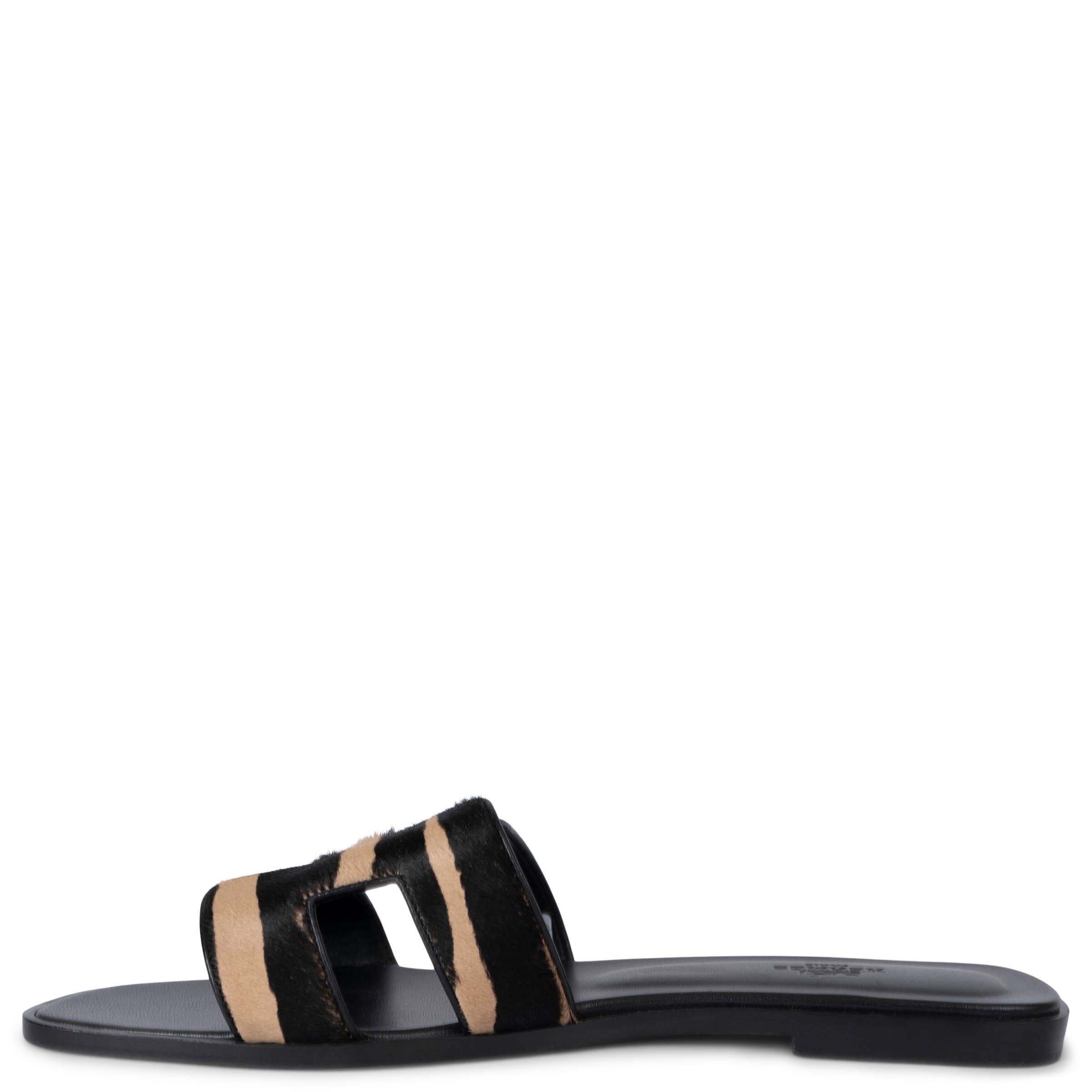 Black HERMES beige & black calf hair ORAN ZEBRA Sandals Shoes 41