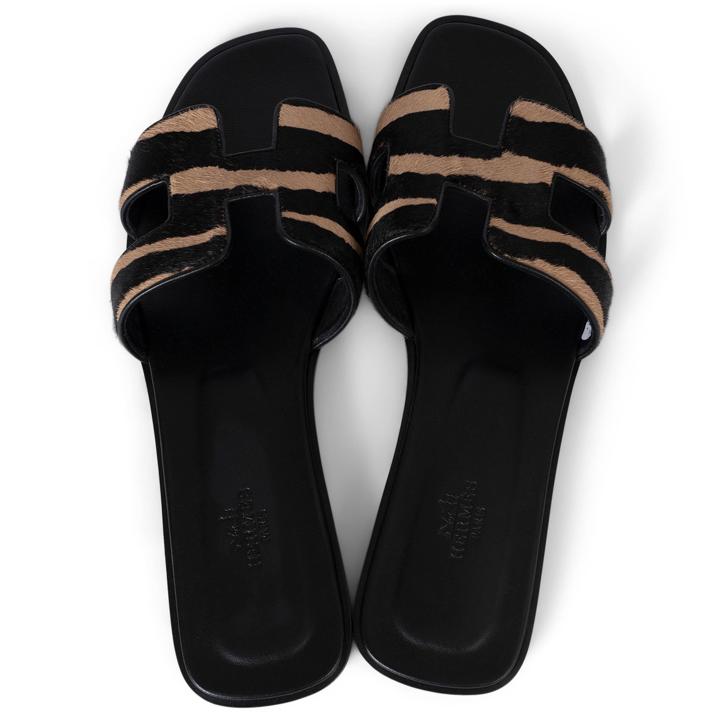 Women's HERMES beige & black calf hair ORAN ZEBRA Sandals Shoes 41