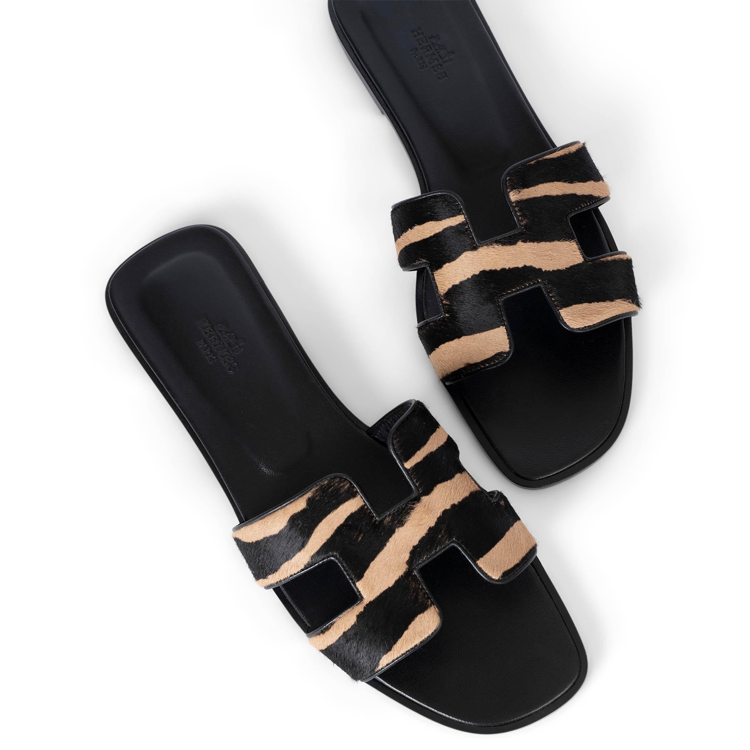 HERMES beige & black calf hair ORAN ZEBRA Sandals Shoes 41 1