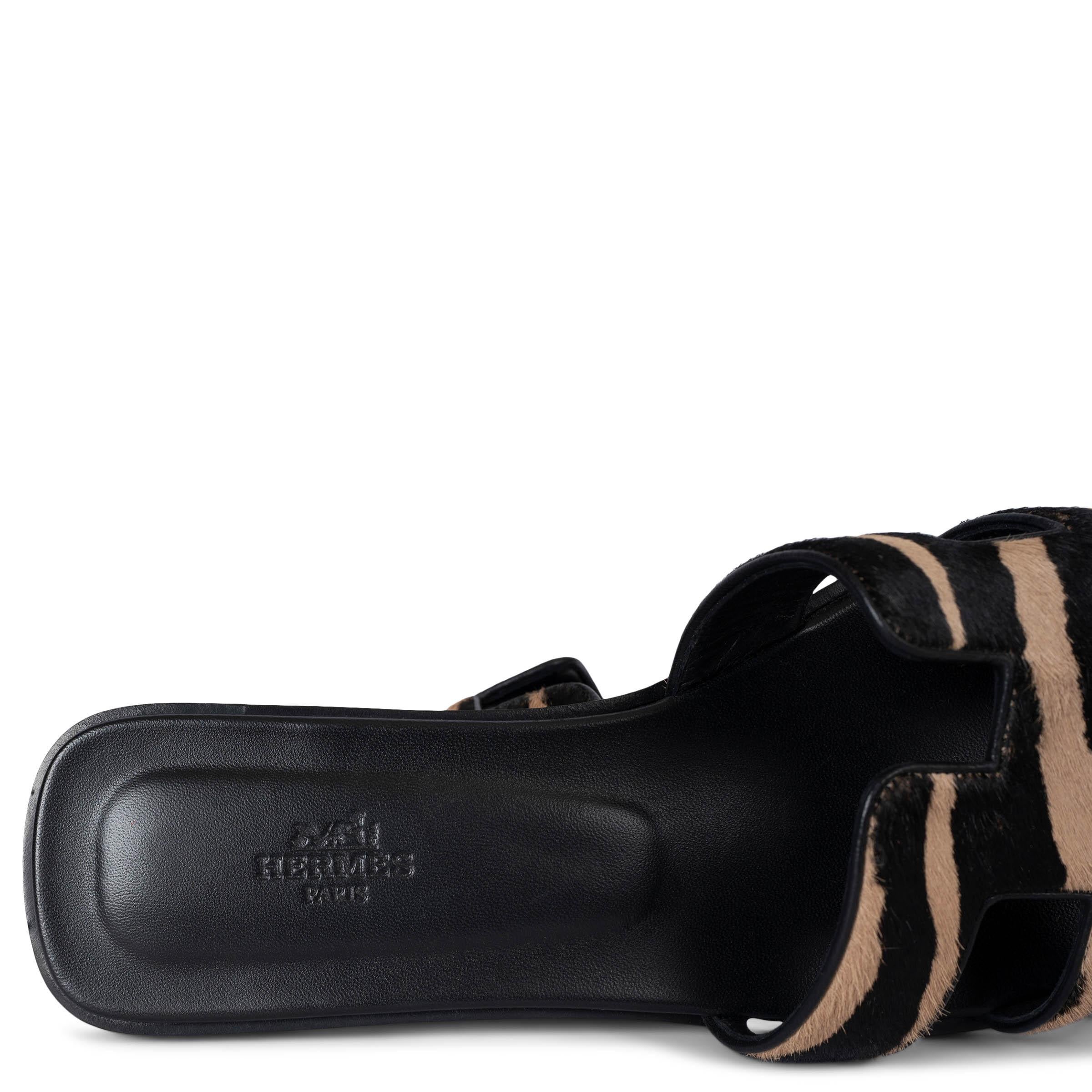 HERMES beige & black calf hair ORAN ZEBRA Sandals Shoes 41 2