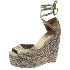 Hermes Beige Braided Leather And Raffia Platform Ankle Strap Wedge Sandals Size