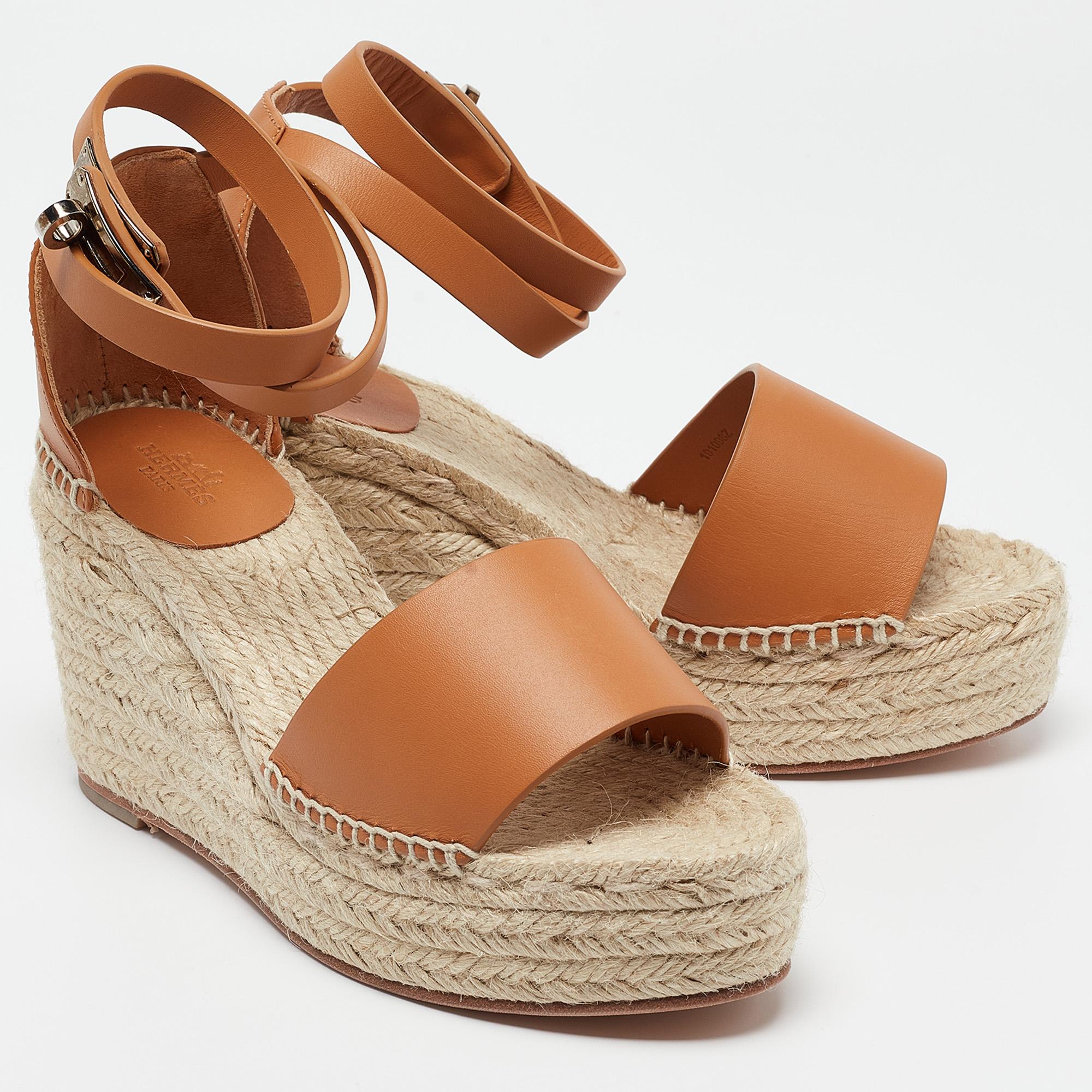 Women's Hermes Beige/Brown Leather Espadrille Tipoli Sandals Size 37