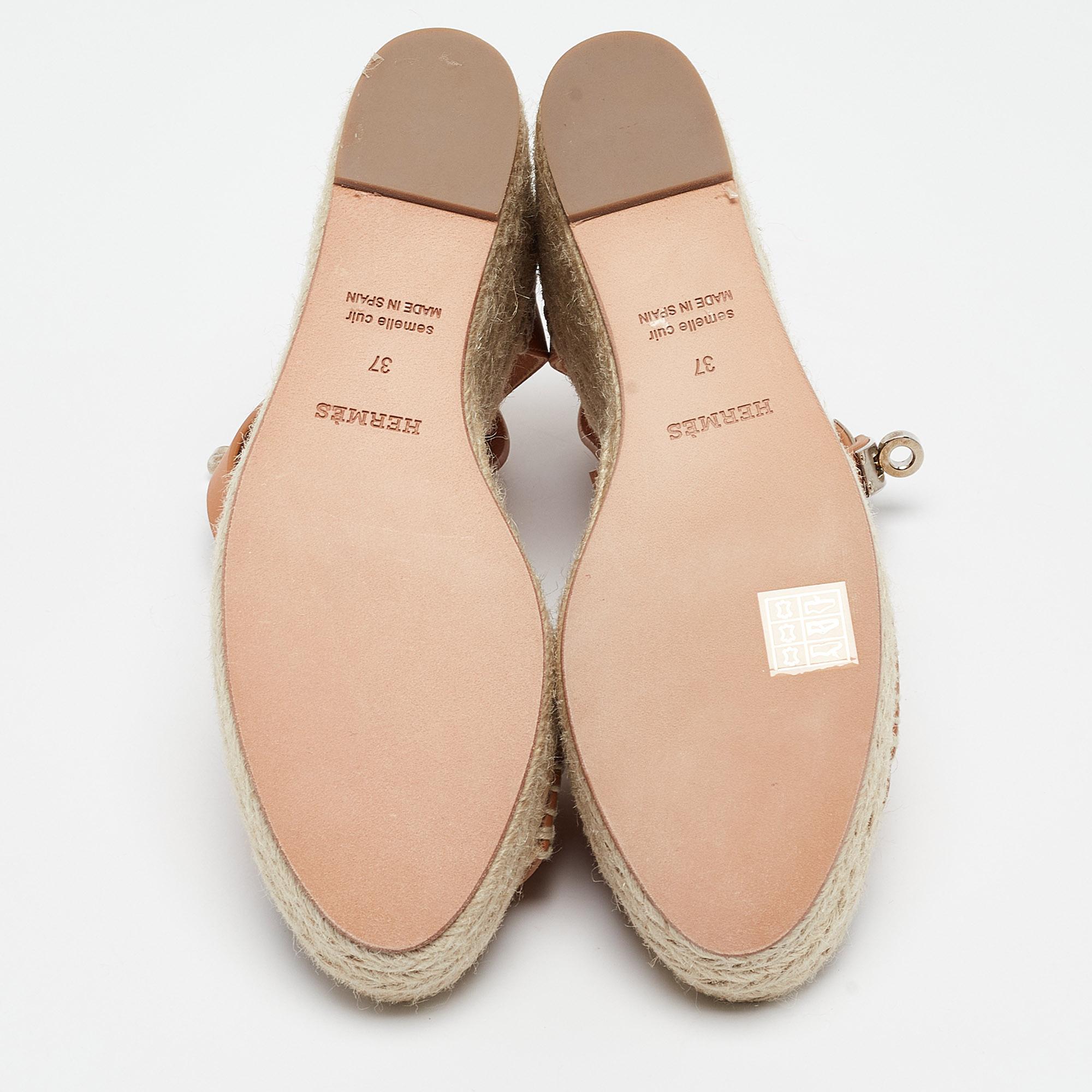 Hermes Beige/Brown Leather Espadrille Tipoli Sandals Size 37 2