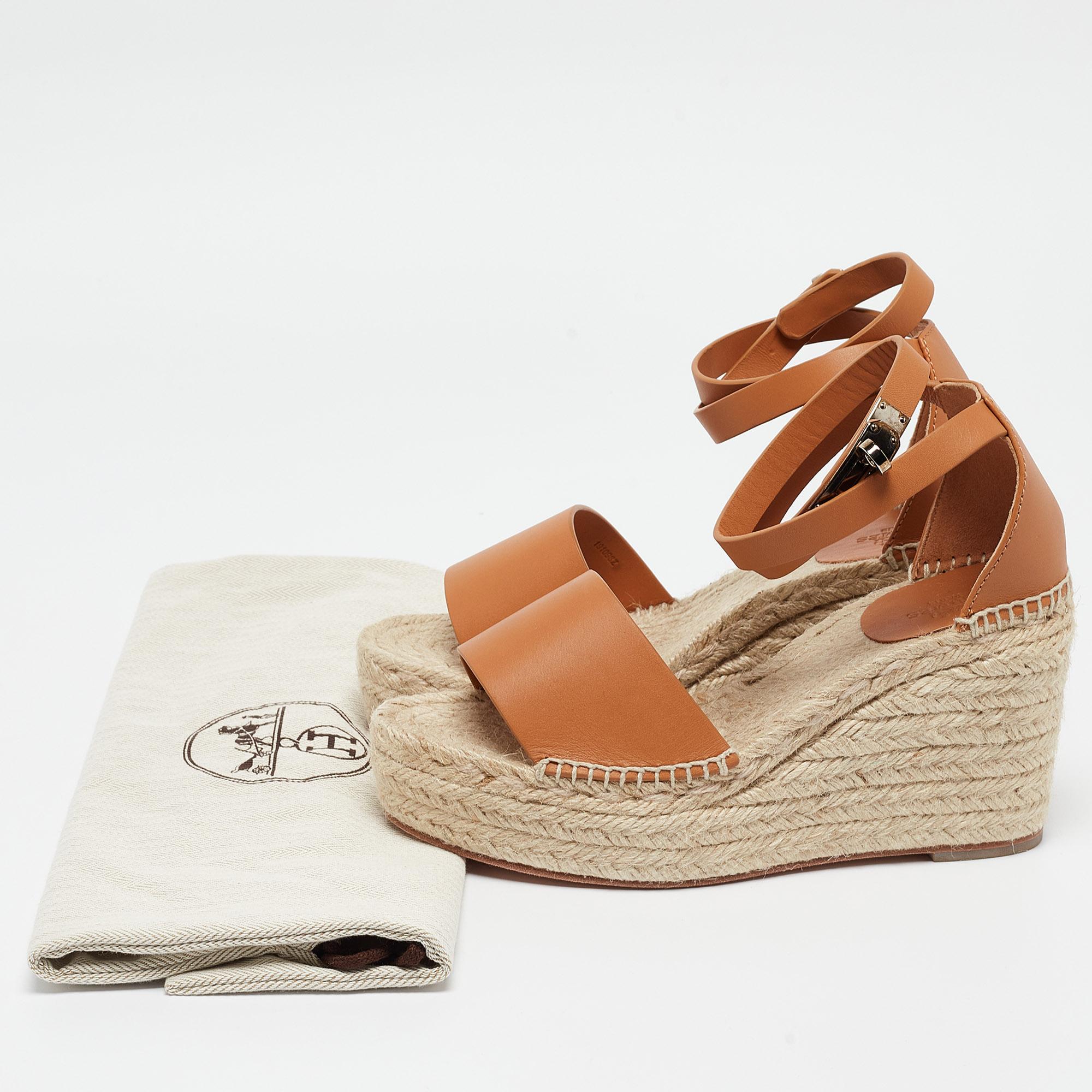 Hermes Beige/Brown Leather Espadrille Tipoli Sandals Size 37 5