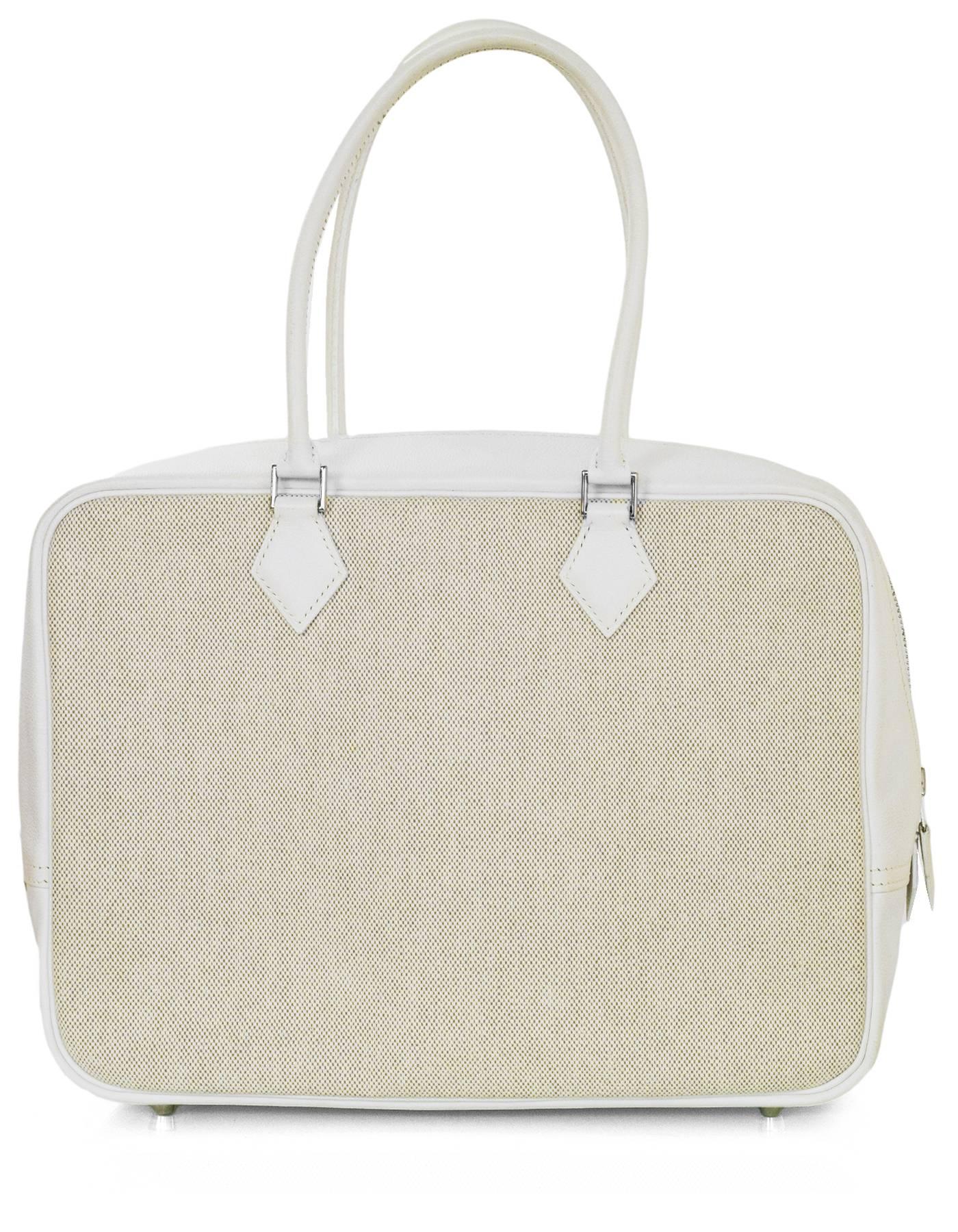 Hermes Beige Canvas & White Leather Toile 32cm Plume Bag In Excellent Condition In New York, NY