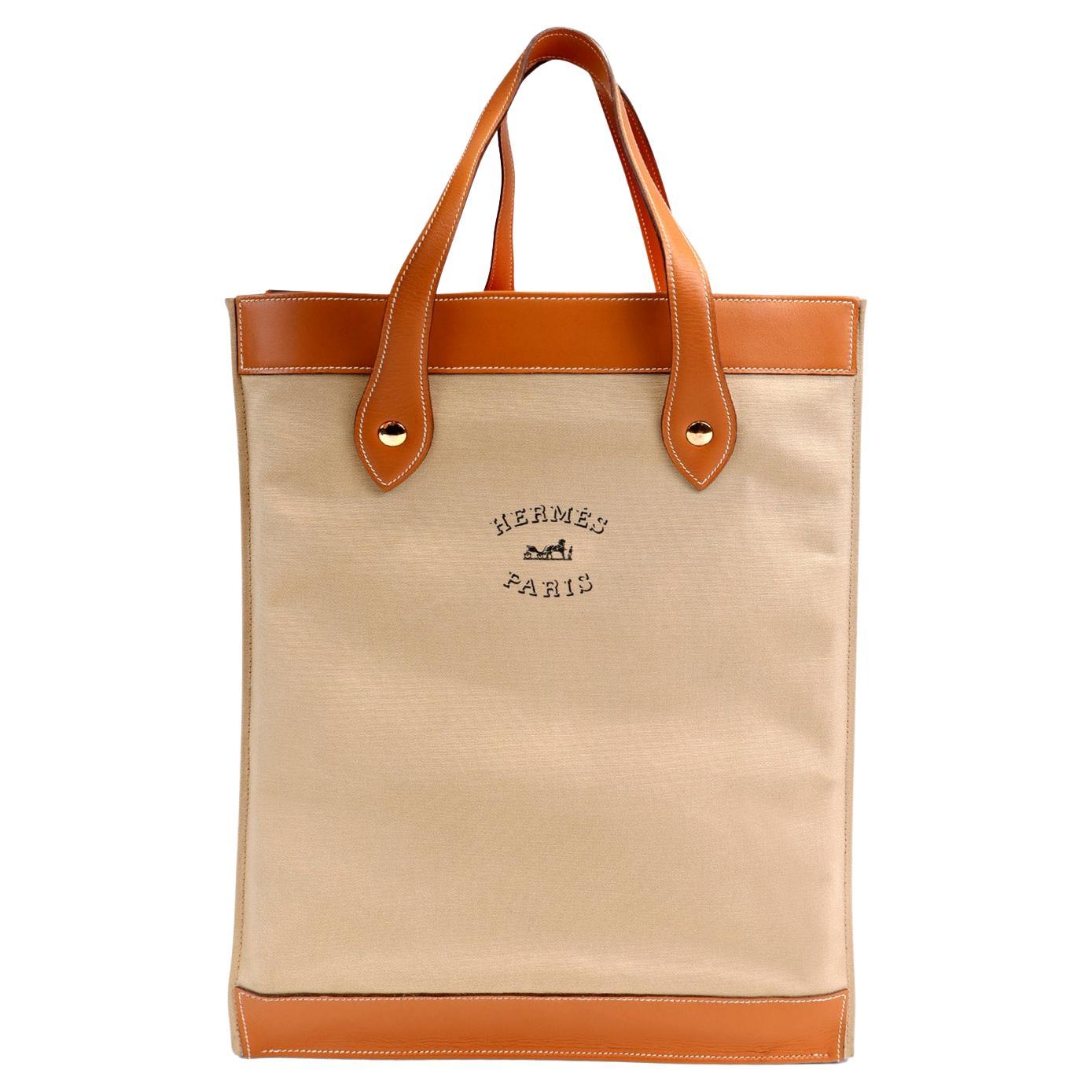 Hermès Beige Canvas and Gold Swift Leather Unisex Tote