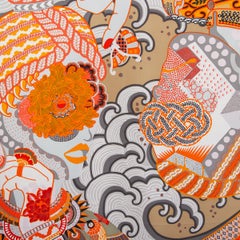 HERMES beige DUO COSMIQUE 90 Scarf silk Caramel Orange Gris