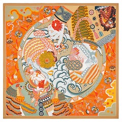 HERMES beige DUO COSMIQUE 90 Scarf silk Caramel Orange Gris