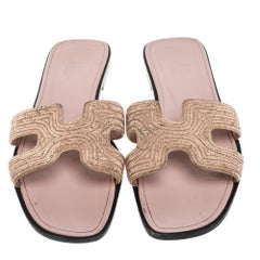 Hermes Beige Fabric Oran Flat Slides Size 39