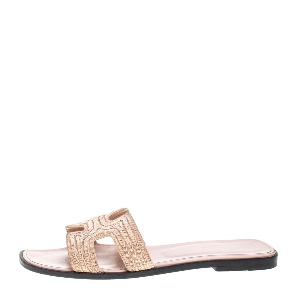 Hermes Beige Fabric Oran Flat Slides Size 39 2