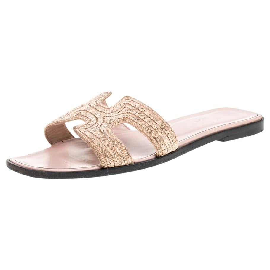 Hermes Beige Fabric Oran Flat Slides Size 39