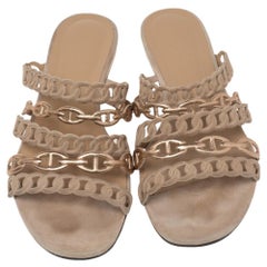 Hermes Beige/Gold Suede D'ancre Chaine Flat Sandals Size 39
