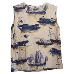 Top senza maniche in seta Hermes, color beige, con motivi Jonques & Sampas