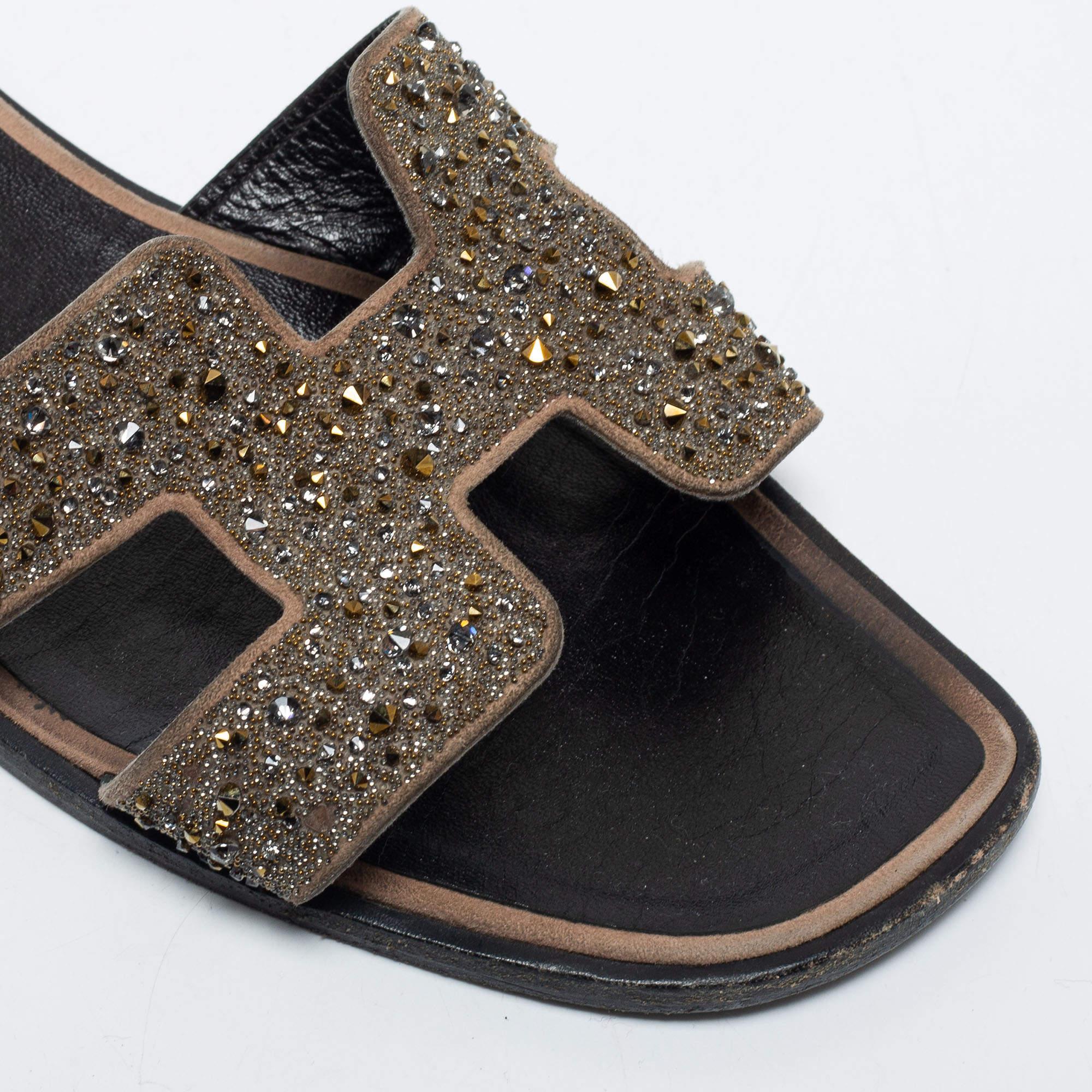 Hermes Beige Leather Crystal Embellished Oran Flat Slides Size 38.5 2