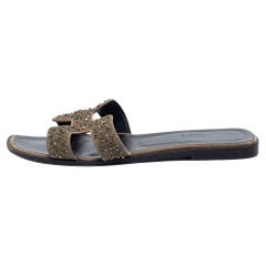 Hermes Beige Leather Crystal Embellished Oran Flat Slides Size 38.5