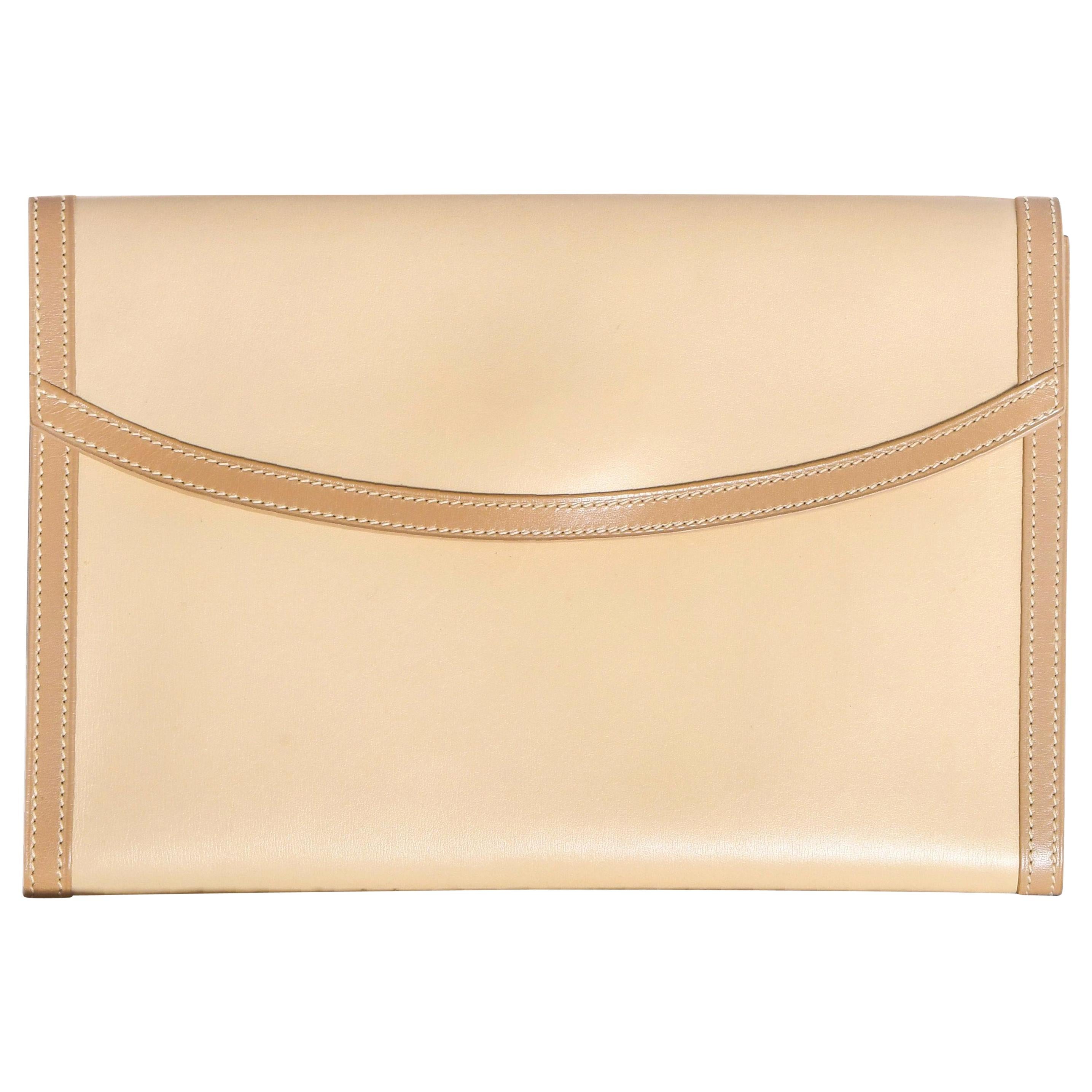 Hermes Beige Leather Envelope Evening Flap Clutch Bag With Tan Trim For Sale