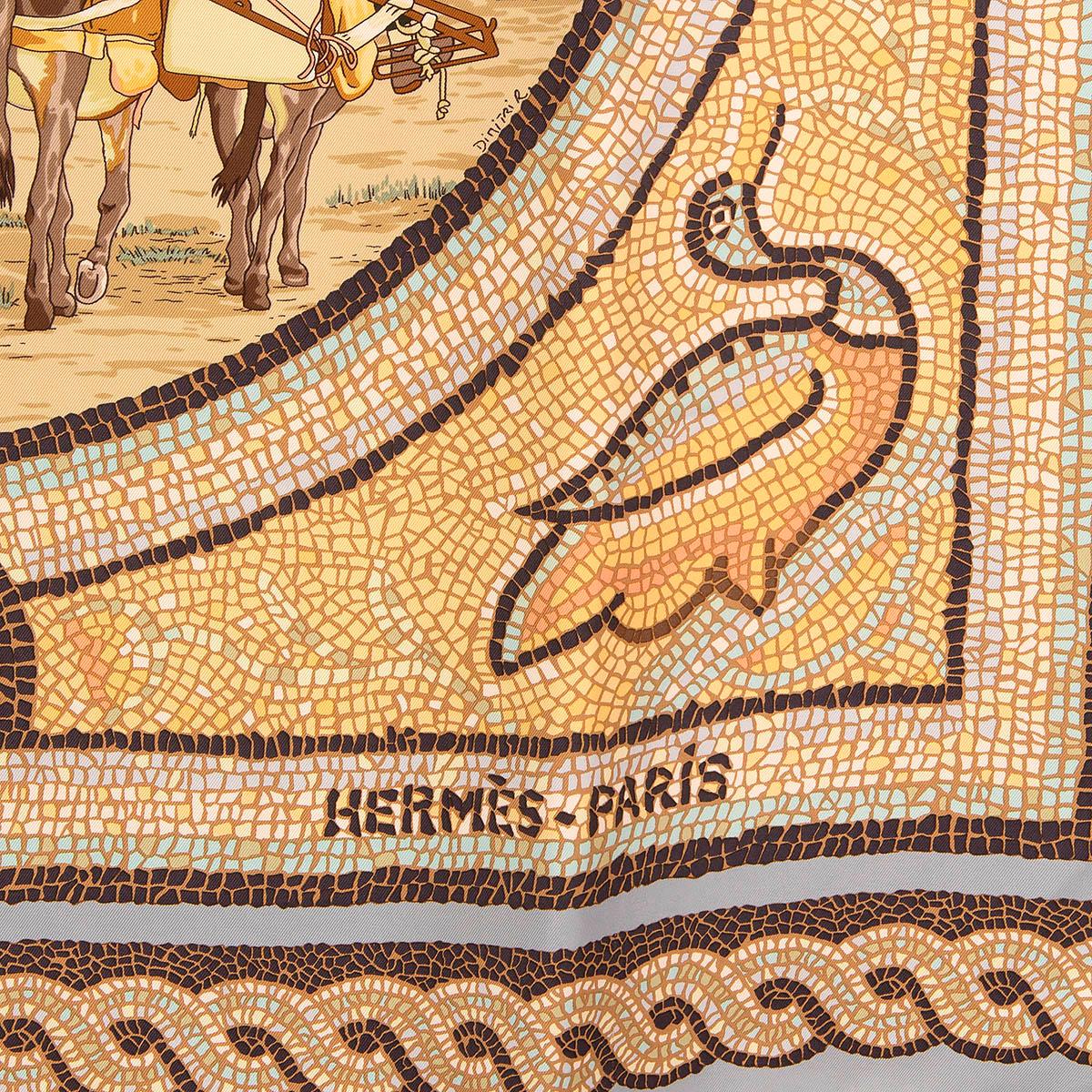 HERMES beige & light blue silk SOUS LE CEDRE 90 Twill Scarf In Excellent Condition In Zürich, CH