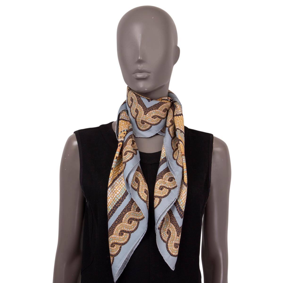HERMES beige & light blue silk SOUS LE CEDRE 90 Twill Scarf 2