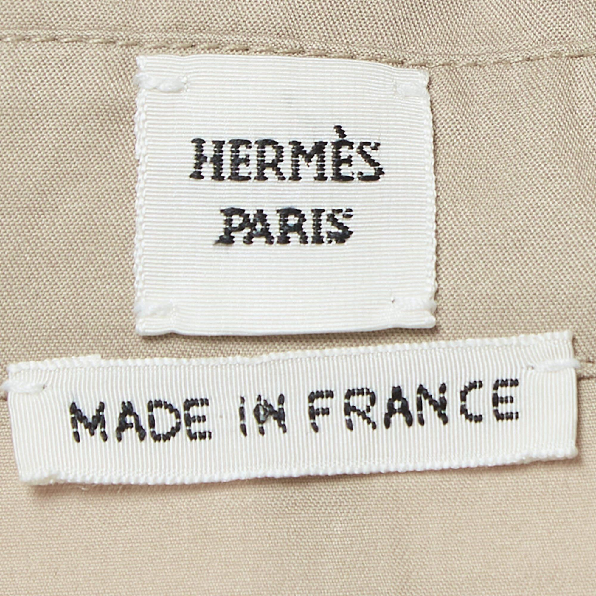 Women's Hermès Beige Logo Embroidered Cotton Belted Midi Shirt Dress M