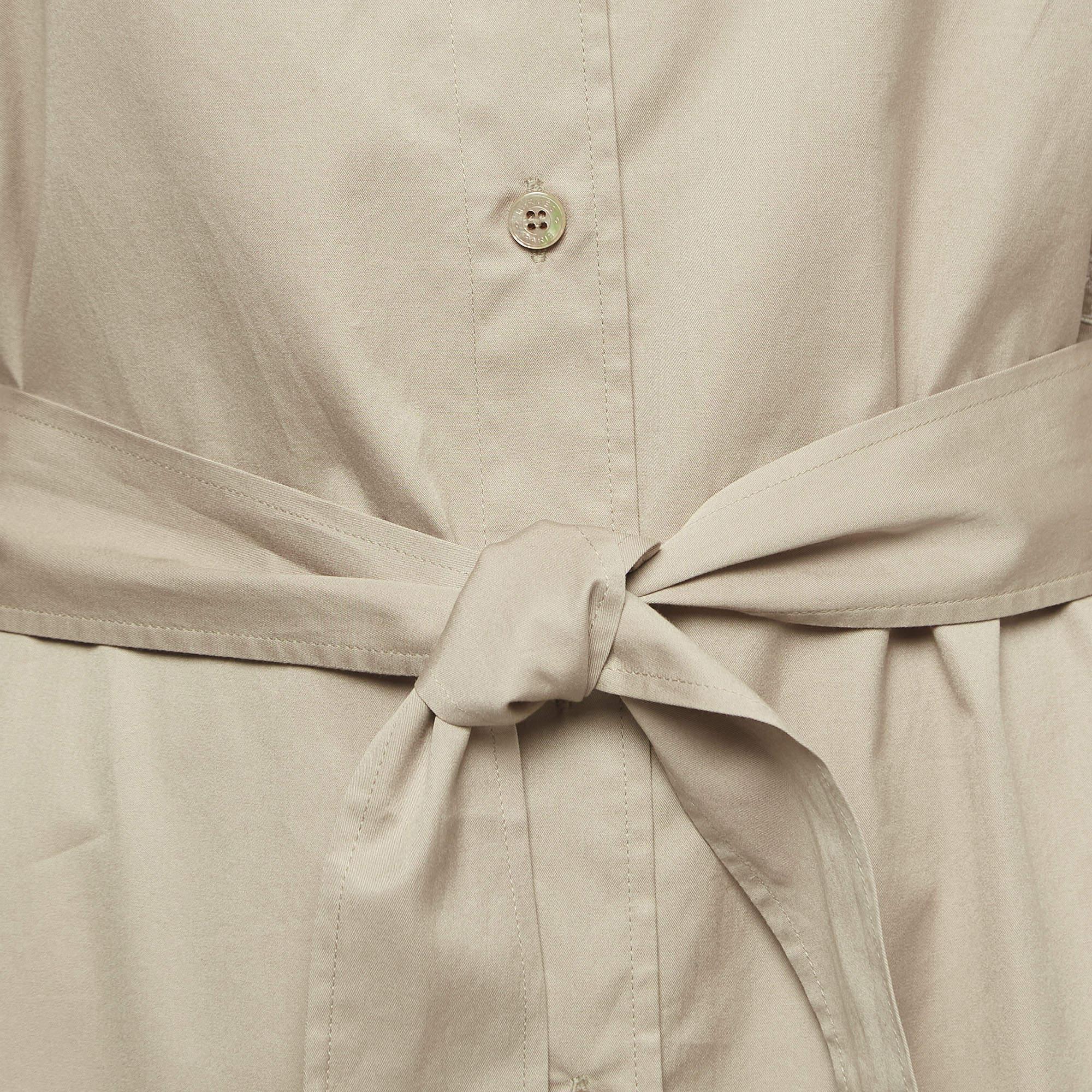 Hermès Beige Logo Embroidered Cotton Belted Midi Shirt Dress M 2