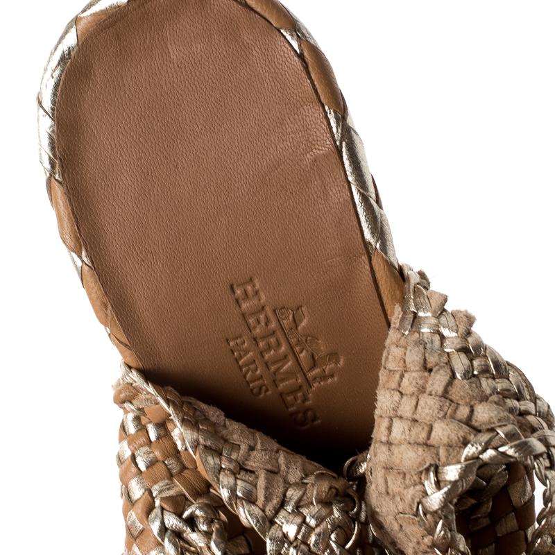 Hermes Beige/Metallic Gold Braided Platform Ankle Wrap Open Toe Sandals Size 38 2