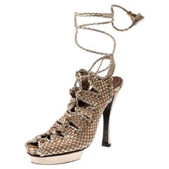 Hermes Beige/Metallic Gold Braided Platform Ankle Wrap Open Toe Sandals Size 38