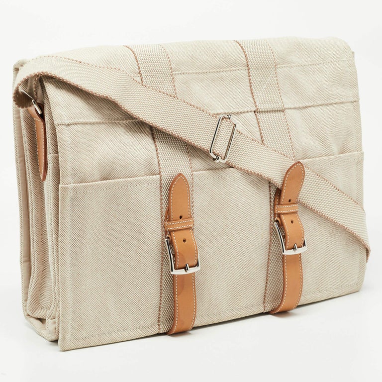 Hermes Beige/Natural Canvas and Leather Diaper Messenger Bag For Sale
