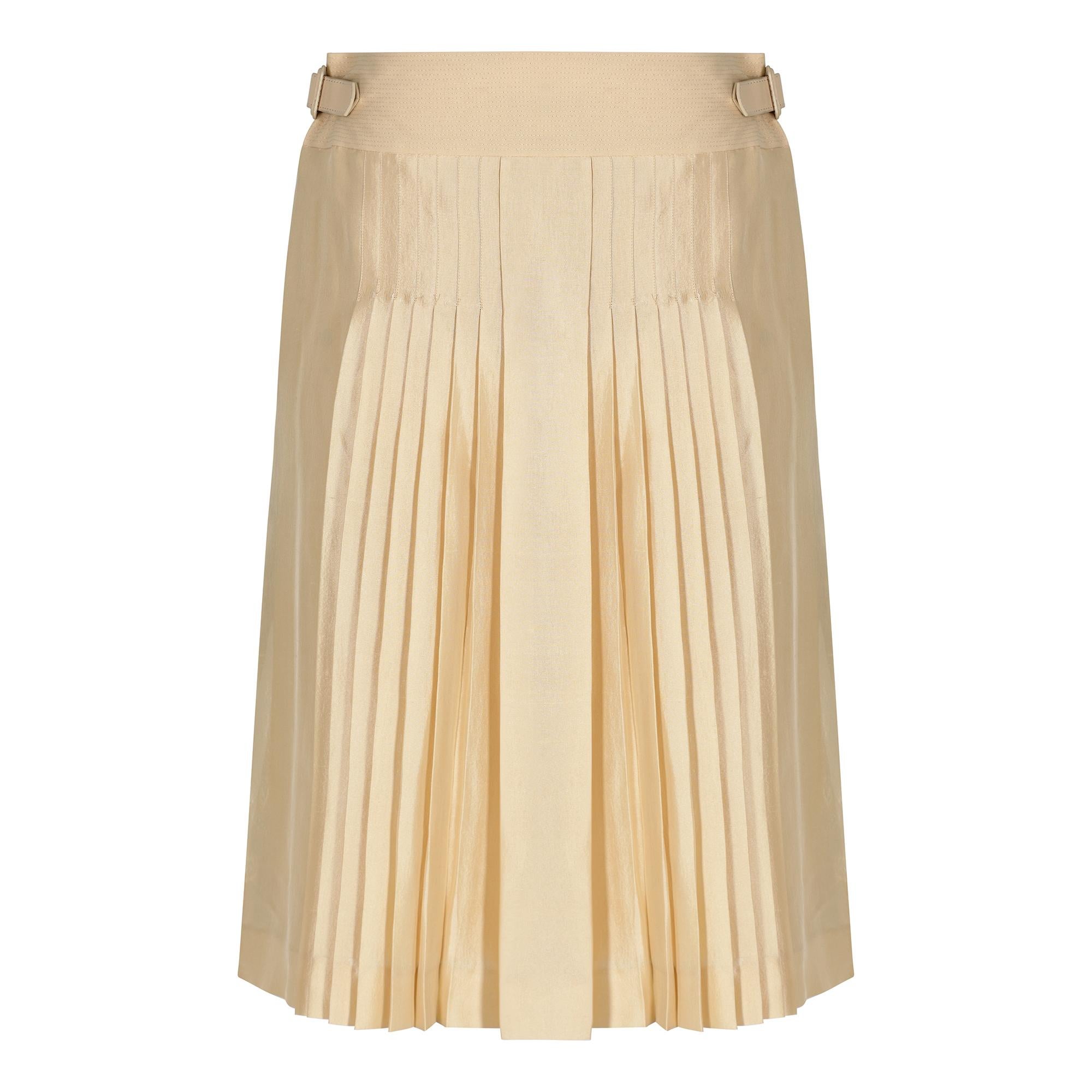Hermes Beige Natural Silk and Leather Accordion Pleat Skirt In Excellent Condition In London, GB