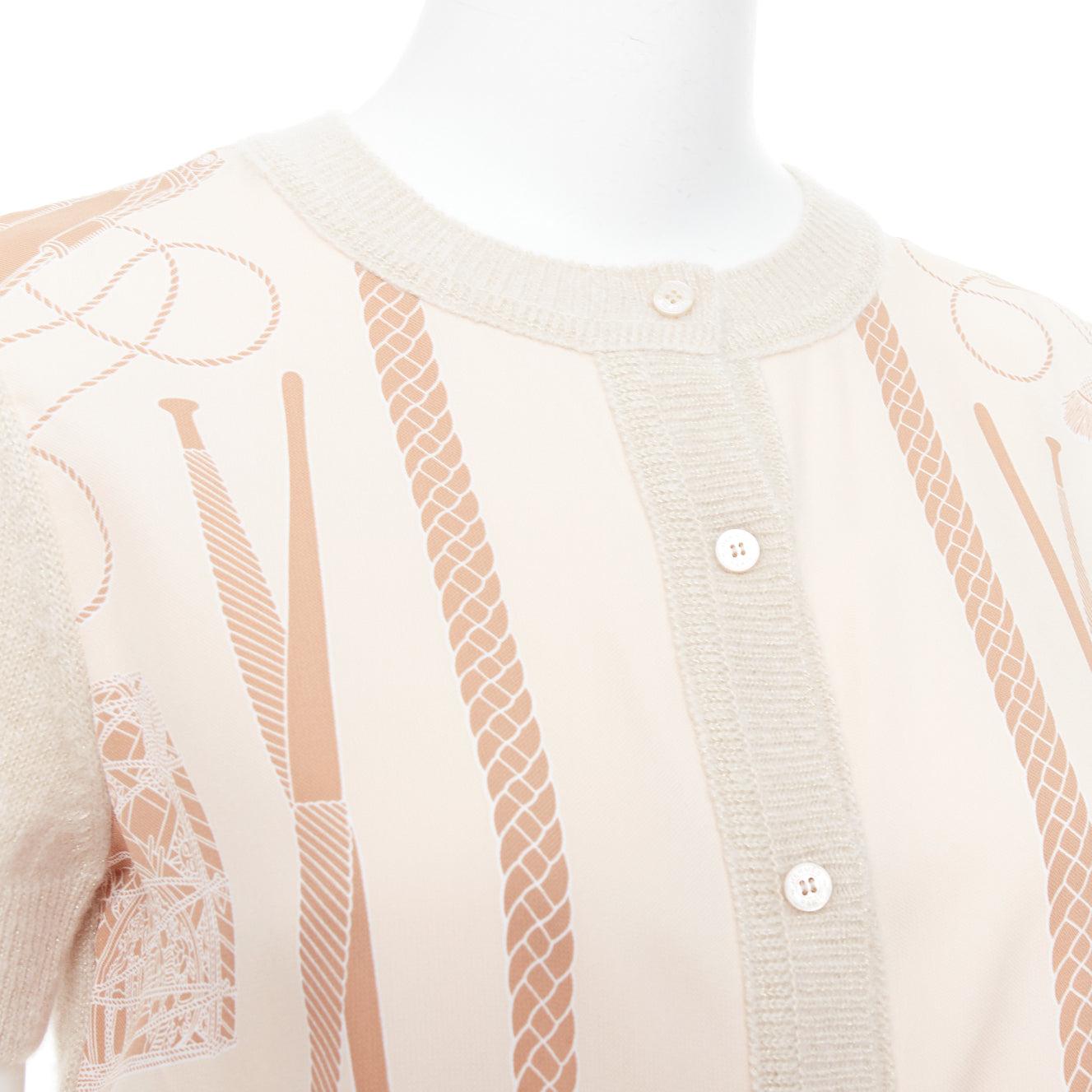 HERMES beige nude cashmere blend graphic silk crop cardigan FR38 M
Reference: KYCG/A00127
Brand: Hermes
Material: Cashmere, Blend
Color: Nude, Beige
Pattern: Abstract
Closure: Button
Made in: Italy

CONDITION:
Condition: Excellent, this item was
