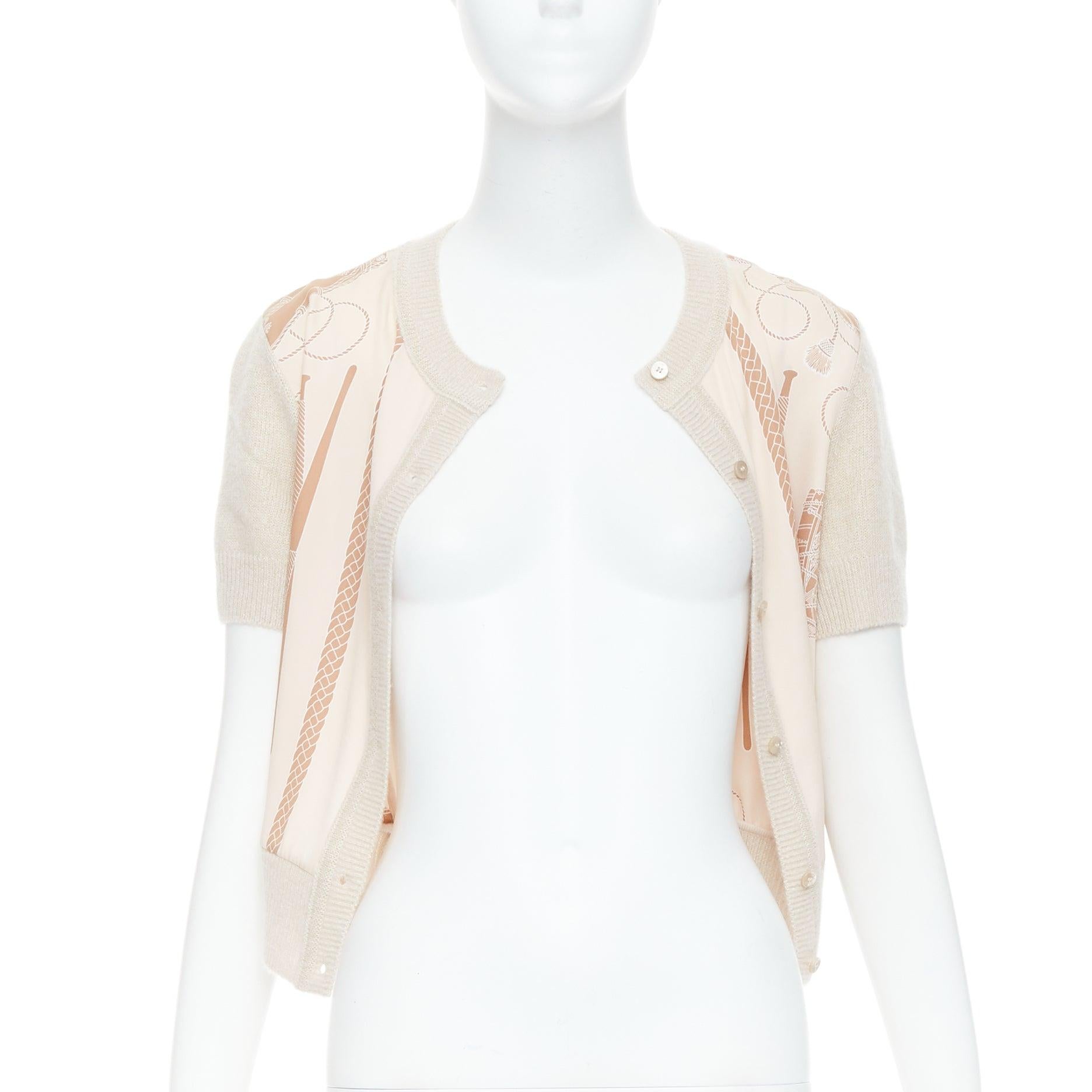 Beige HERMES beige nude cashmere blend graphic silk crop cardigan FR38 M For Sale