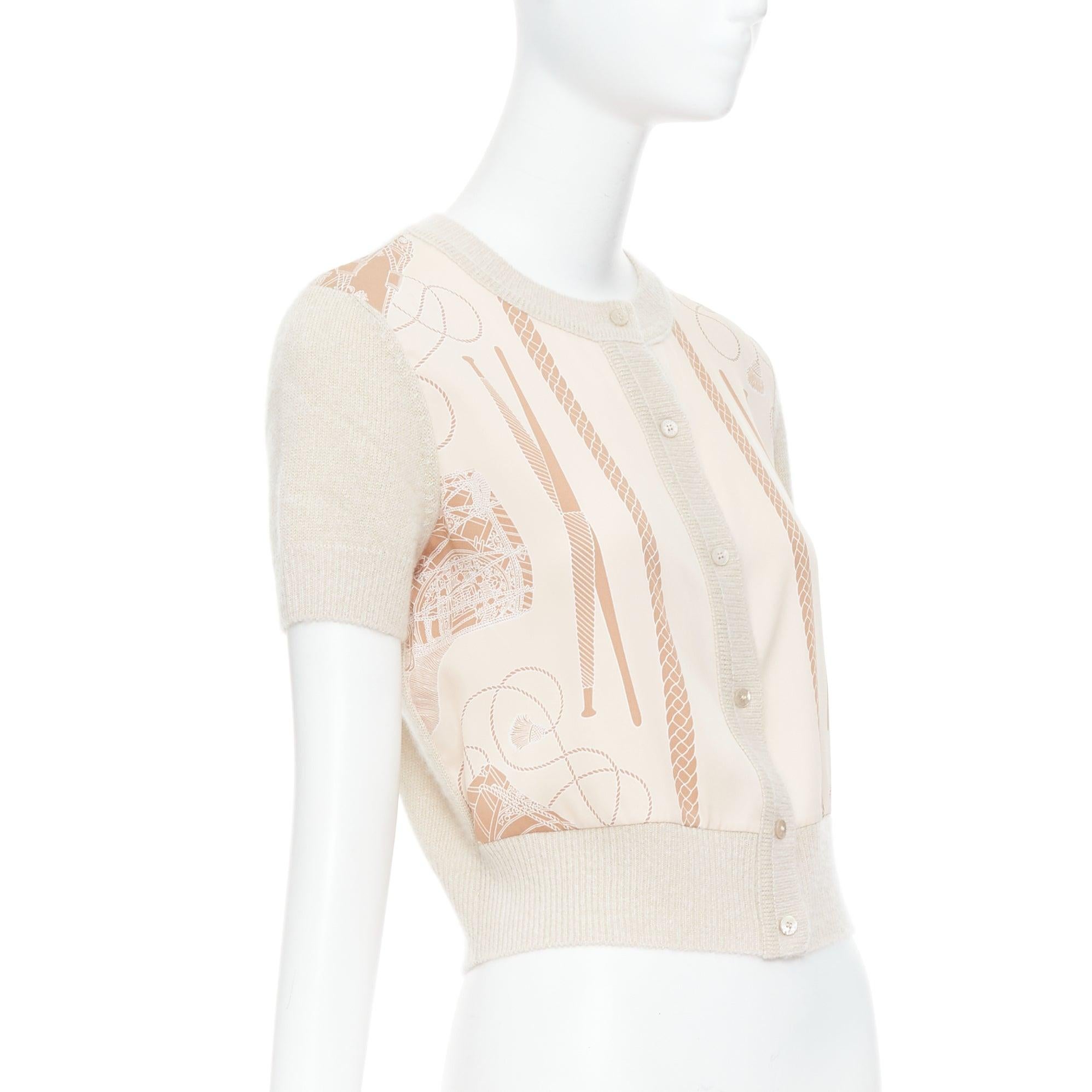 HERMES beige nude cashmere blend graphic silk crop cardigan FR38 M In Excellent Condition For Sale In Hong Kong, NT