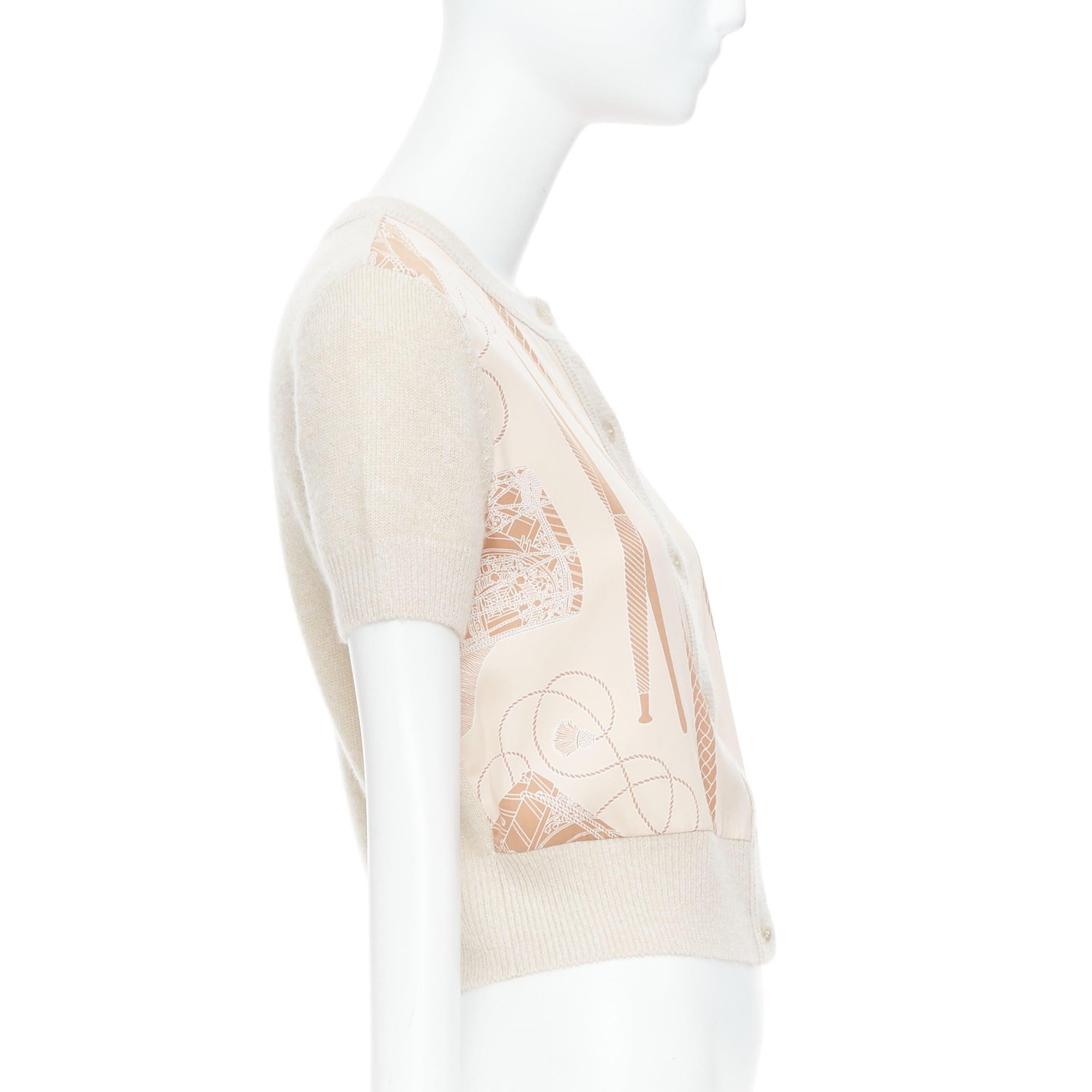 Women's HERMES beige nude cashmere blend graphic silk crop cardigan FR38 M For Sale