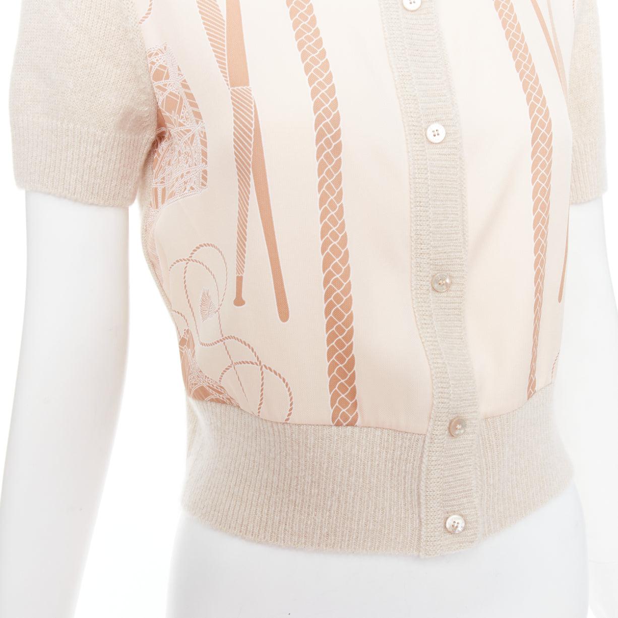 HERMES beige nude cashmere blend graphic silk crop cardigan FR38 M For Sale 3