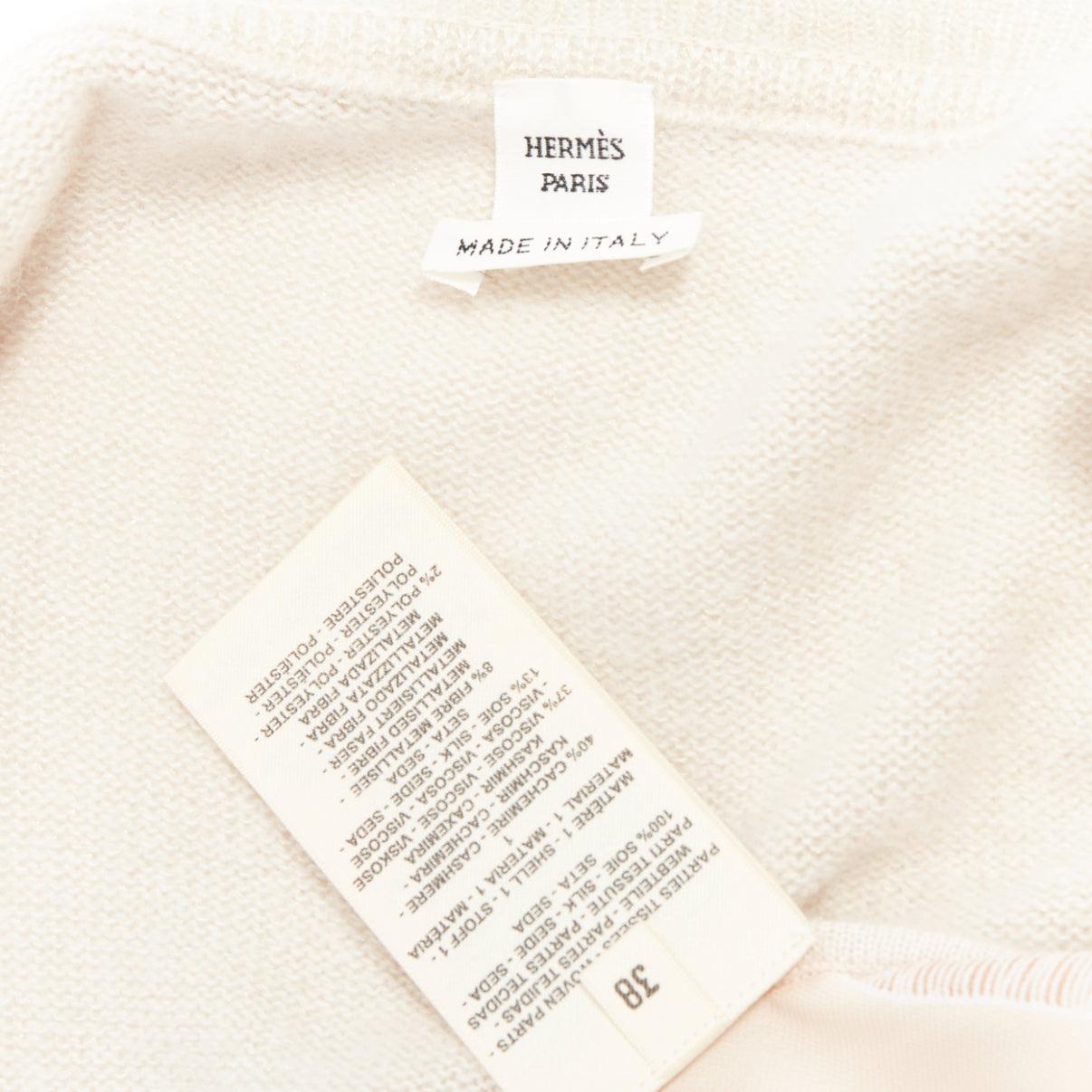 HERMES beige nude cashmere blend graphic silk crop cardigan FR38 M For Sale 4