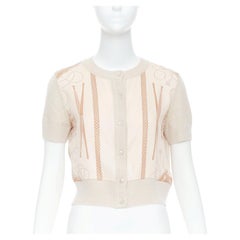 HERMES beige nude cashmere blend graphic silk crop cardigan FR38 M