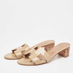 Hermes Beige Patent Oasis Slide Sandals Size 39