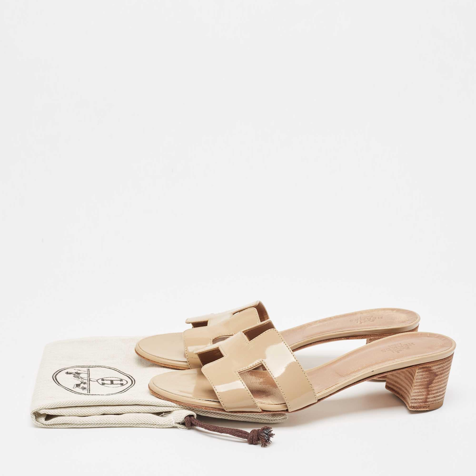 Hermes Beige Patent Oasis Slide Sandals Size 39 1