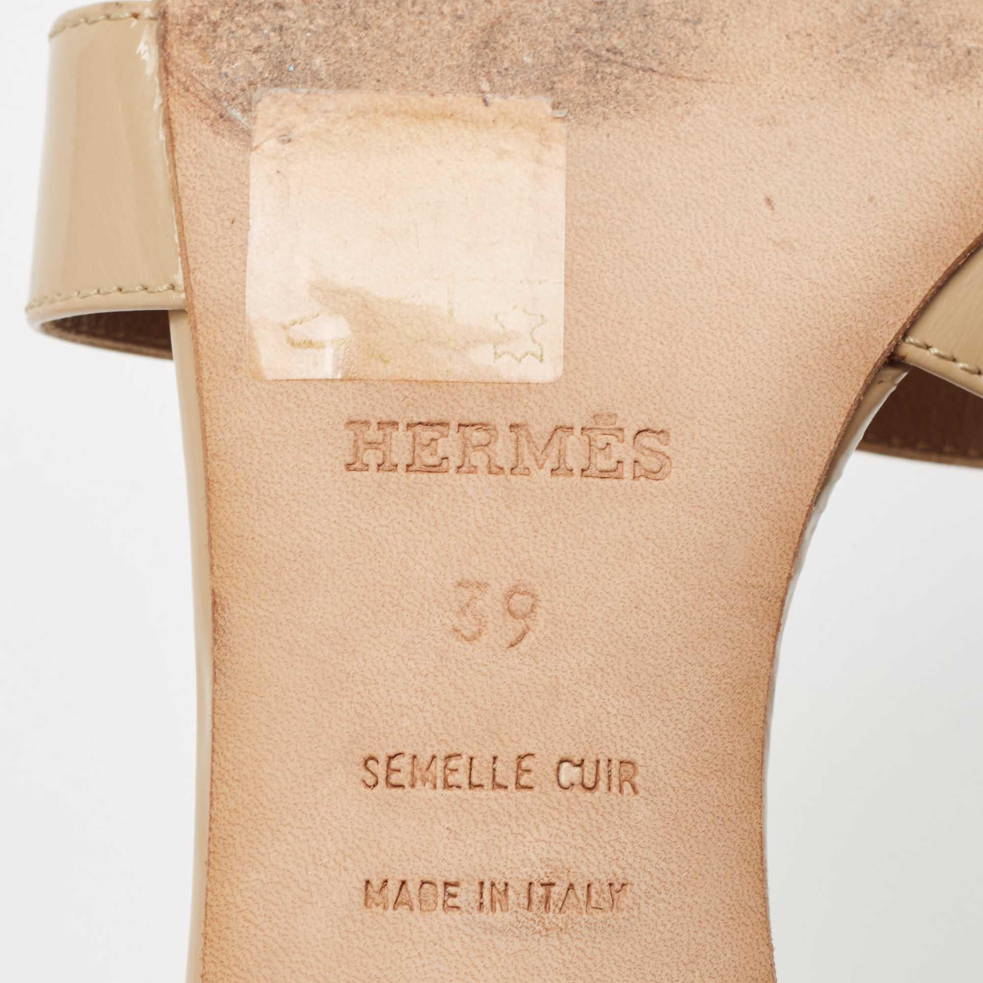 Hermes Beige Patent Oasis Slide Sandals Size 39 5