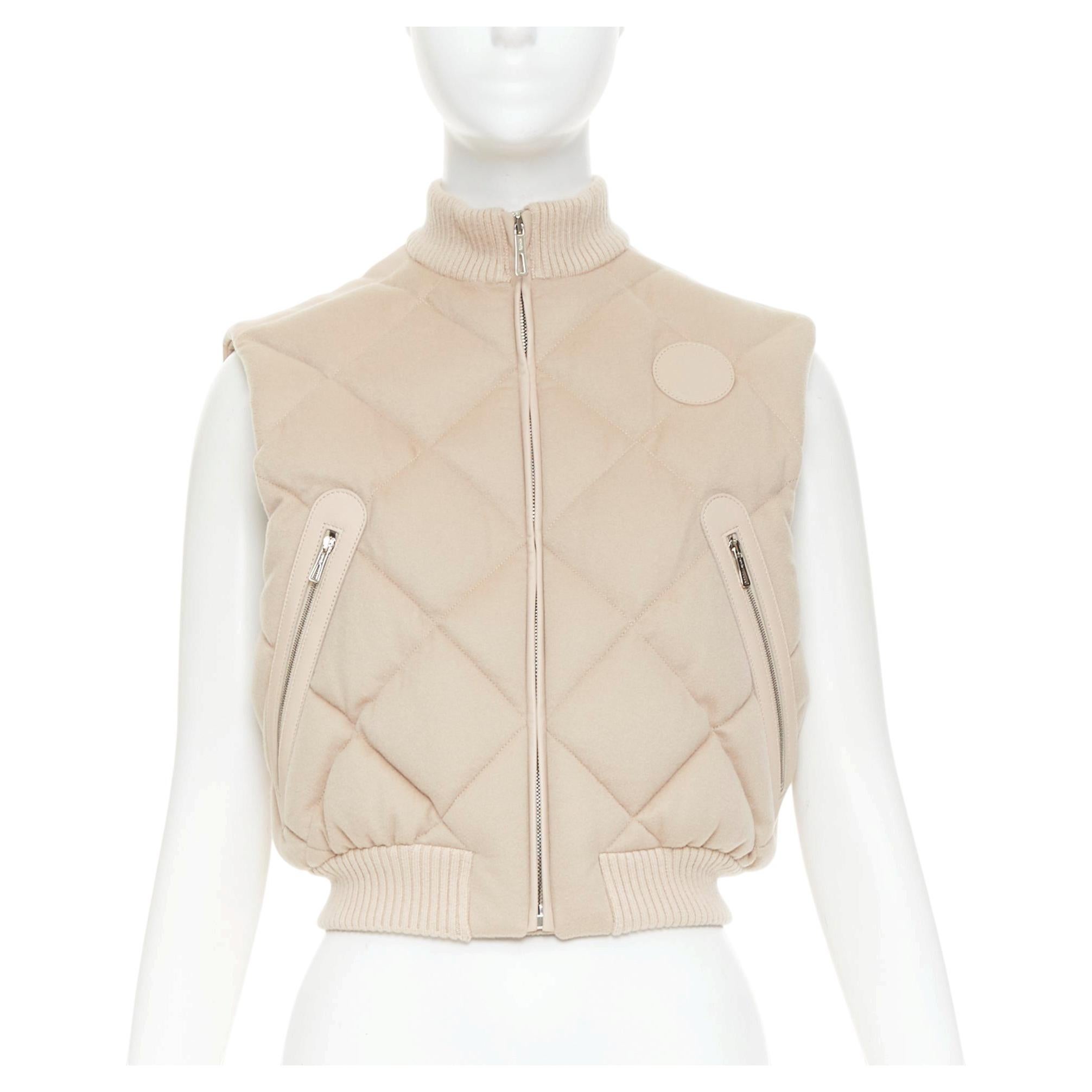 HERMES beige quilted waterproof cashmere lambskin trim down puffer vest FR34 XXS