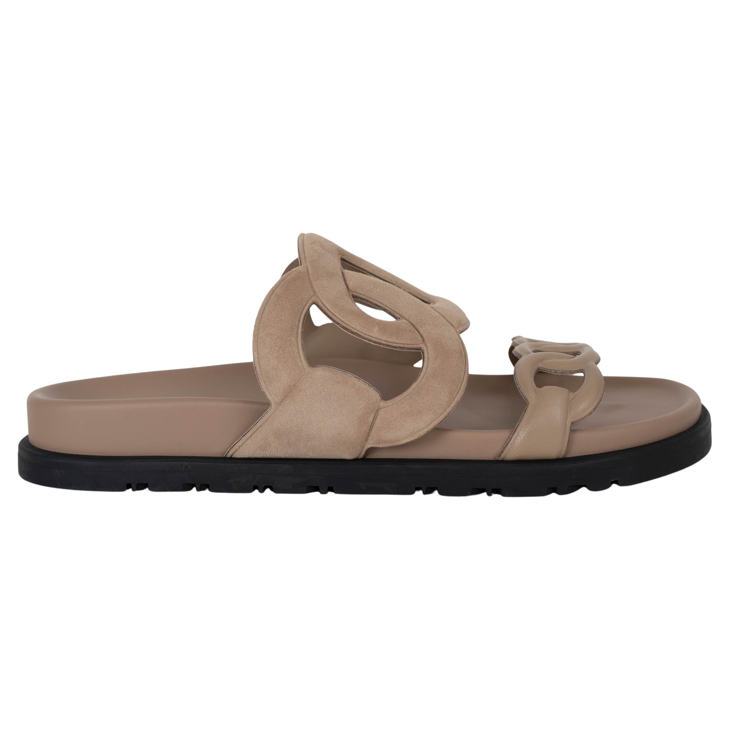 HERMES Beige Sable suede EXTRA CHAINE D
ANCRE Slide Sandals Shoes 37.5 fit 37 For Sale