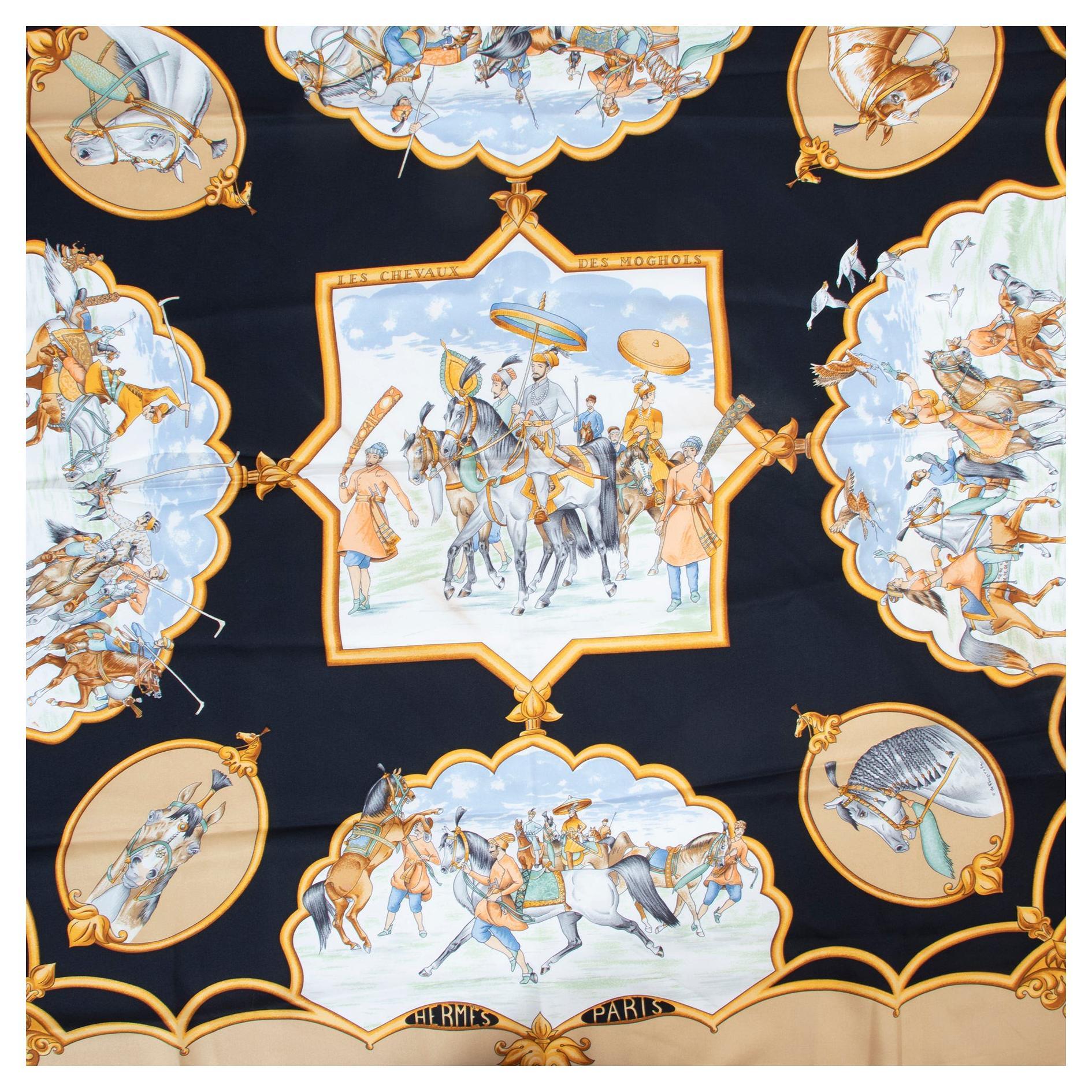 Hermès Beige Silk Les Chevaux Des Moghols Carré 90 Scarf

A beautiful silk scarf on which the beige and black color are most prominent. If you are found of horses this must be yours as the nicest combination of 