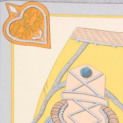 HERMES beige silk ZOUAVES ET DRAGONS 90 WASH Scarf Beige Jaune Bleu