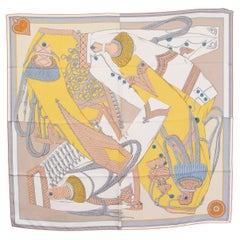 HERMES beige Seide ZOUAVES ET DRAGONS 90 WASH Schal Beige Jaune Bleu