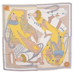 HERMES beige silk ZOUAVES ET DRAGONS 90 WASH Scarf Beige Jaune Bleu