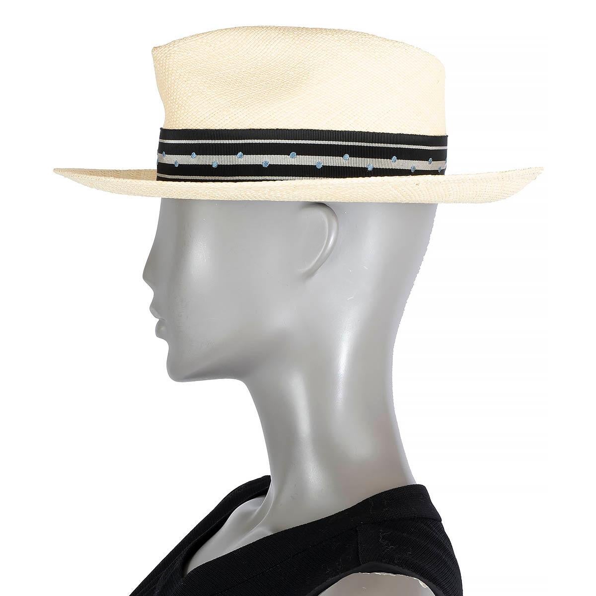 Women's HERMES beige straw DOTTED GROSGRAIN TRIM FEDORA Hat 58 For Sale