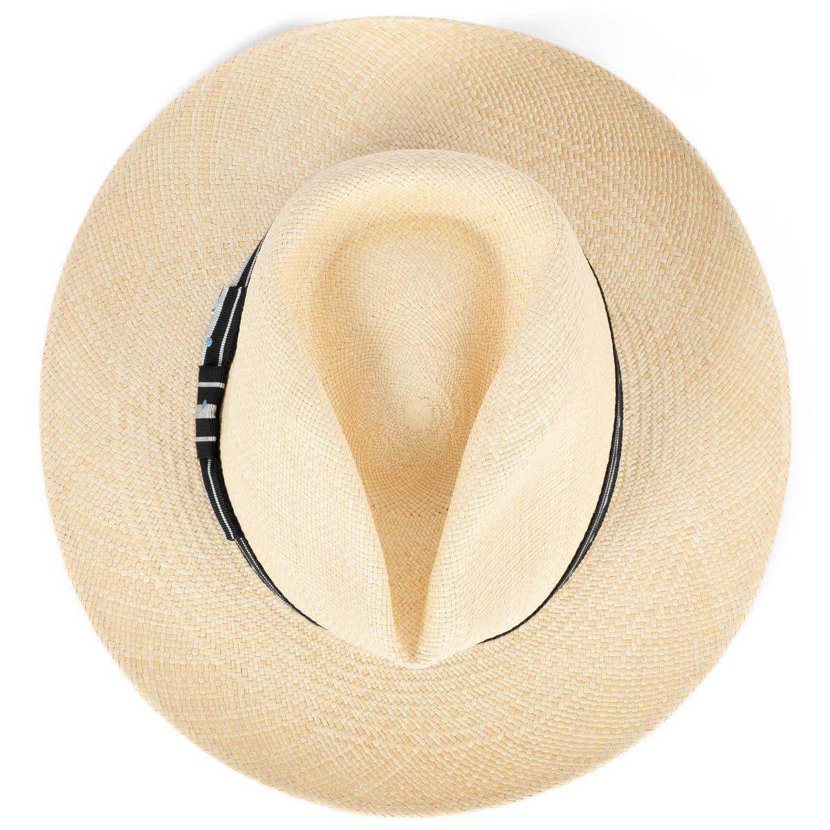 HERMES beige straw DOTTED GROSGRAIN TRIM FEDORA Hat 58 For Sale 1