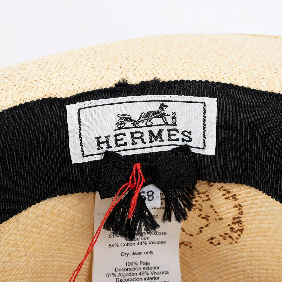 HERMES beige straw DOTTED GROSGRAIN TRIM FEDORA Hat 58 For Sale 4